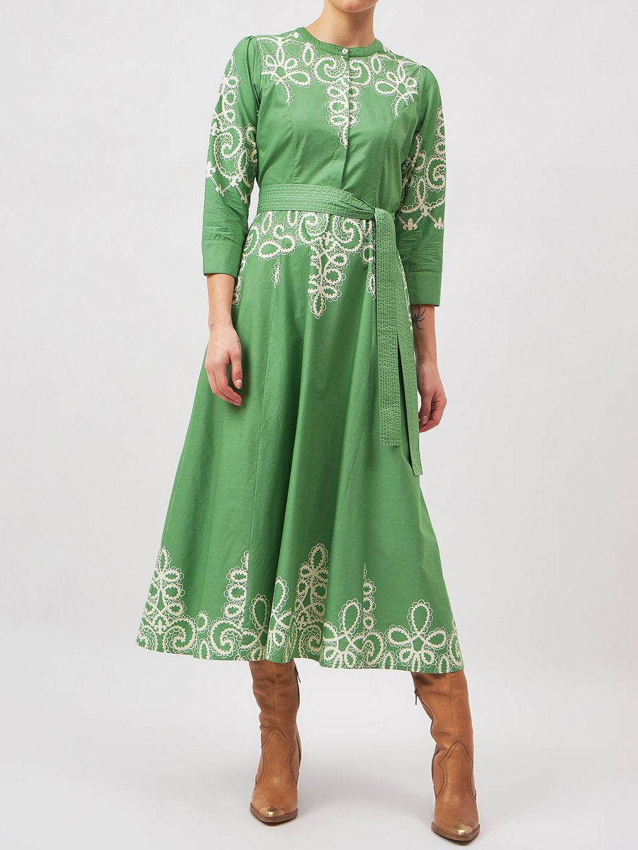 Embroidery Button Up Belted Midi Dress