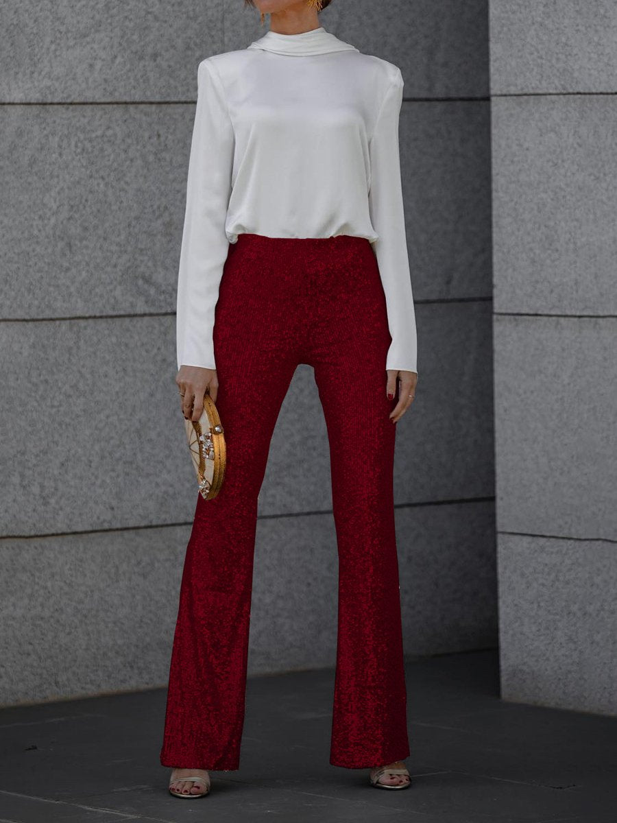 Sequined Elastic Waist Flared Pants