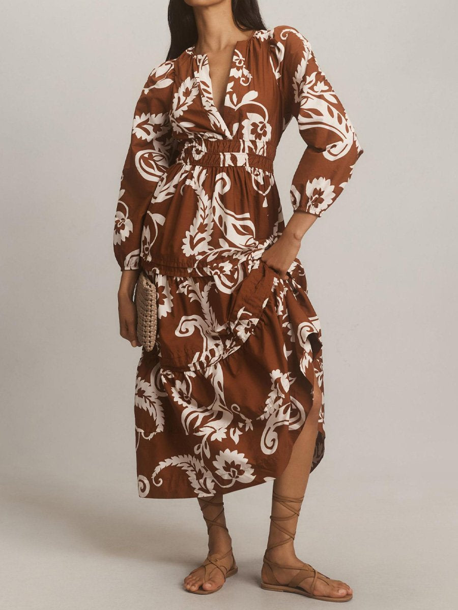 Printed V Neck Elastic Waist Maxi Dress