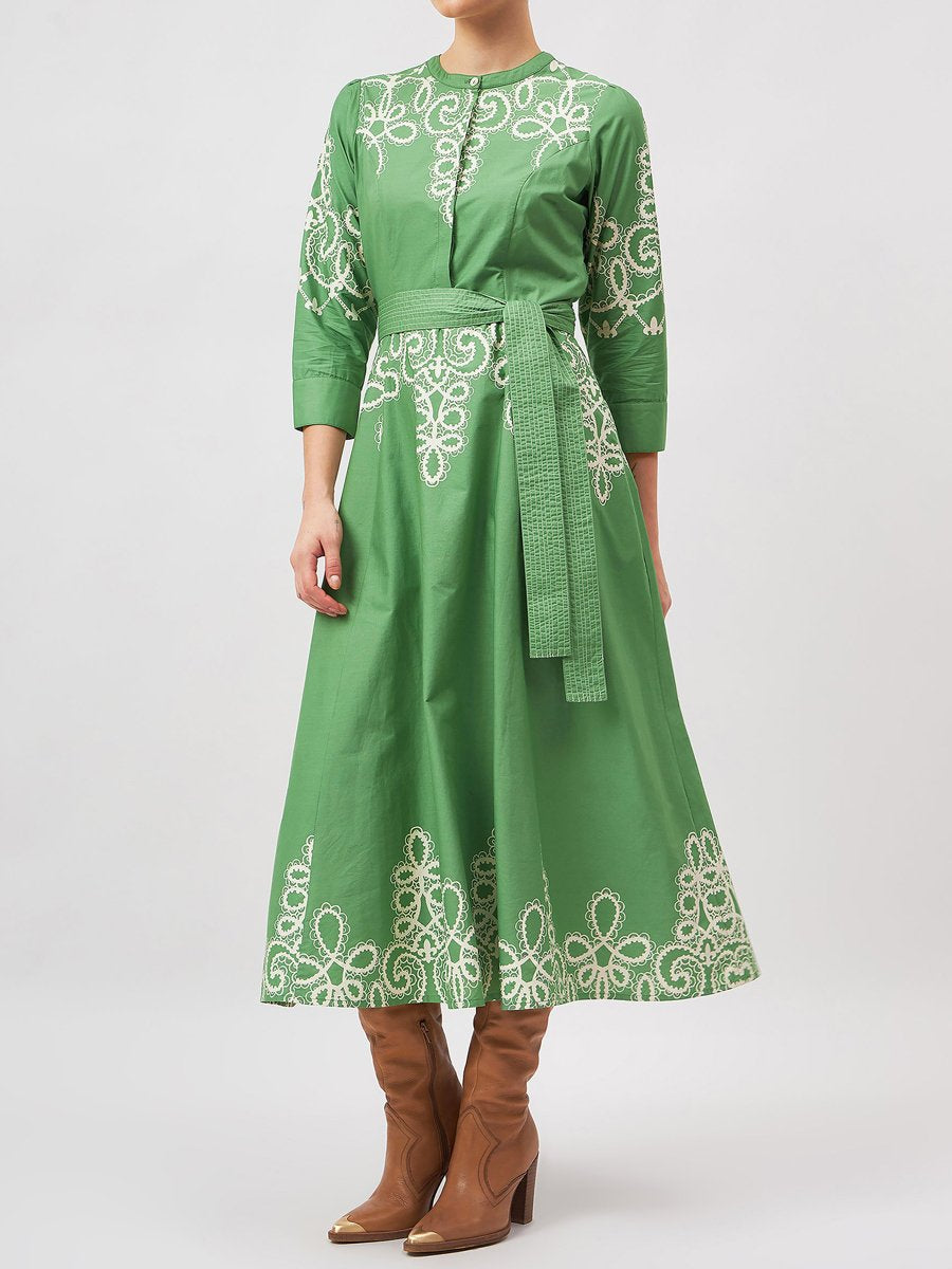 Embroidery Button Up Belted Midi Dress