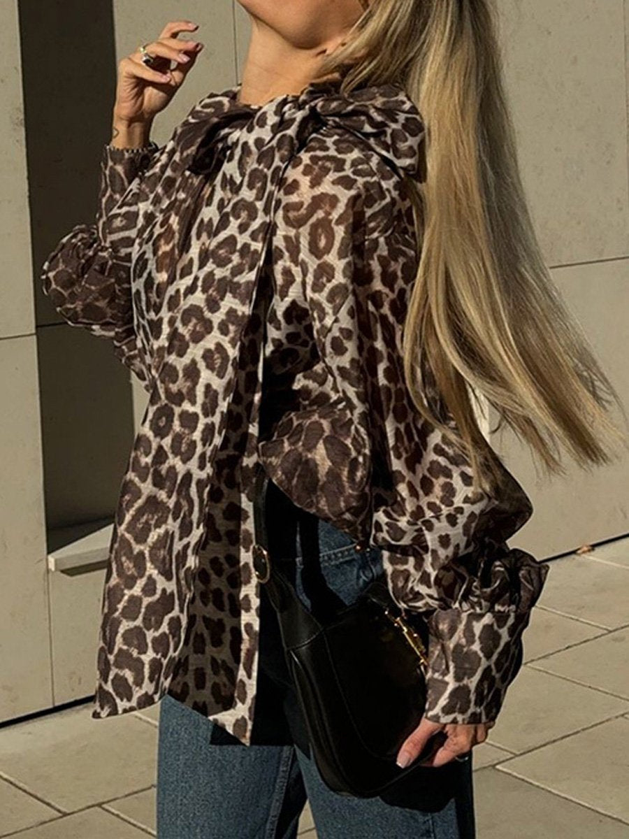 Leopard Printed Bow Long Sleeve Women's Blouse