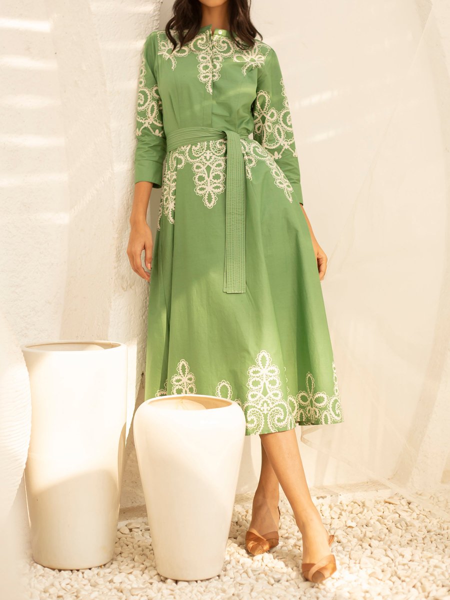 Embroidery Button Up Belted Midi Dress