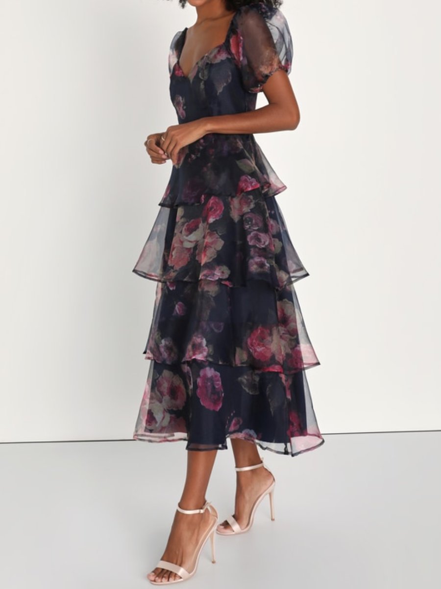 Navy Fall Floral Maxi Party Dress