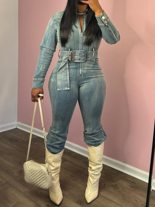 Chic Wide Belt Denim Jumpsuit